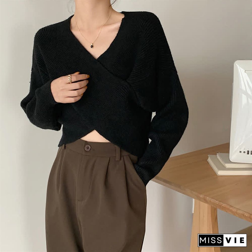 Chic Cross Knit Crop Sweater Casual Suit Pants