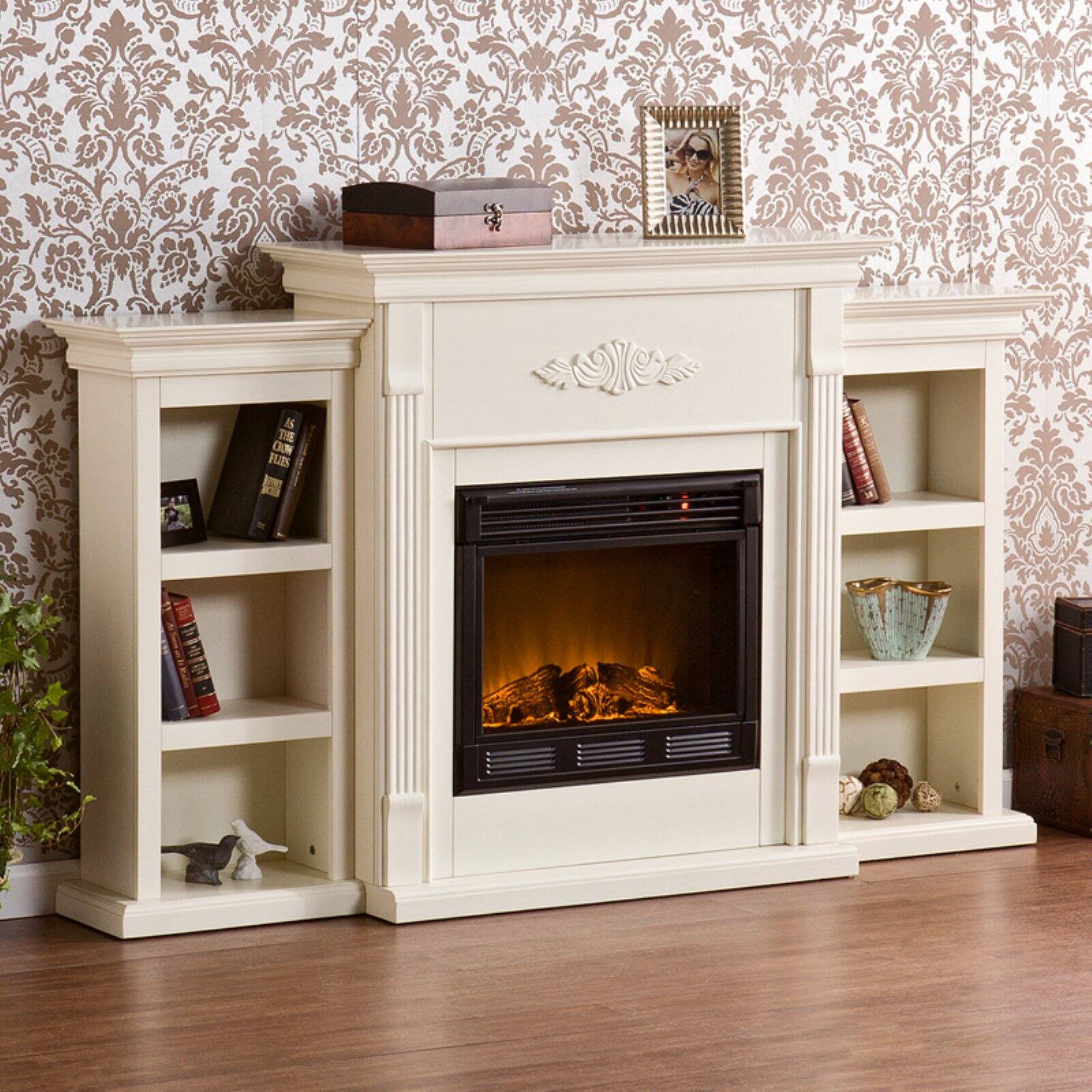 Southern Enterprises Tennyson Ivory Electric Fireplace with Bookcases