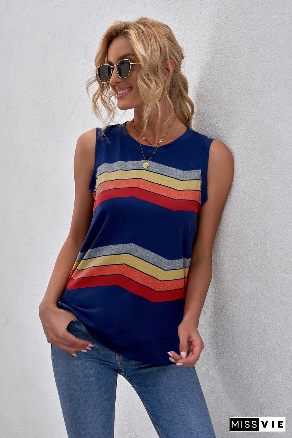 Blue Crew Neck Colorblock Stripes Tank Top