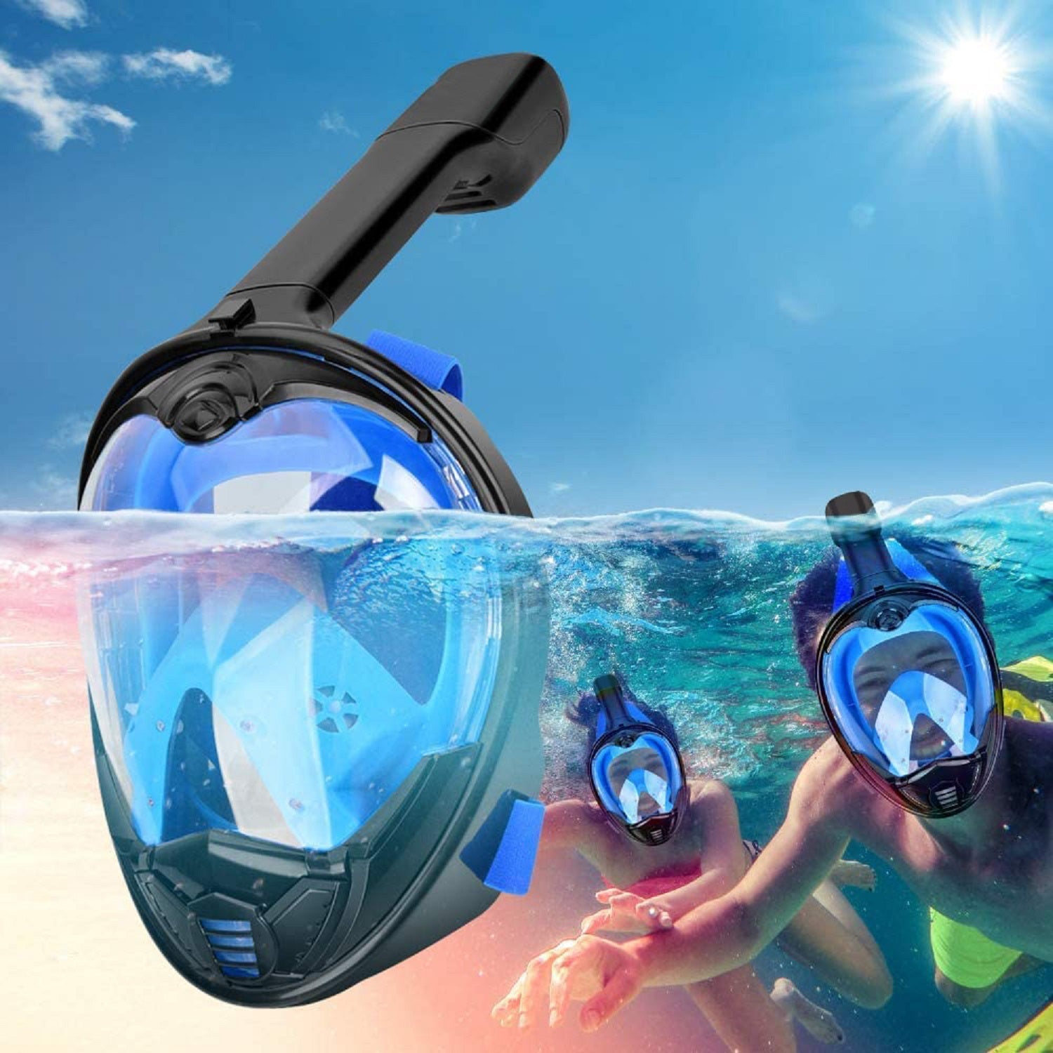 Full Face Snorkel Mask-Diving Mask with 180 Panoramic View Easy Breath， Anti-Fog and Anti-Leak， Detachable Camera Mount Dual Snorkeling Gear Perfect for Diving and Swimming Black+Blue L/XL