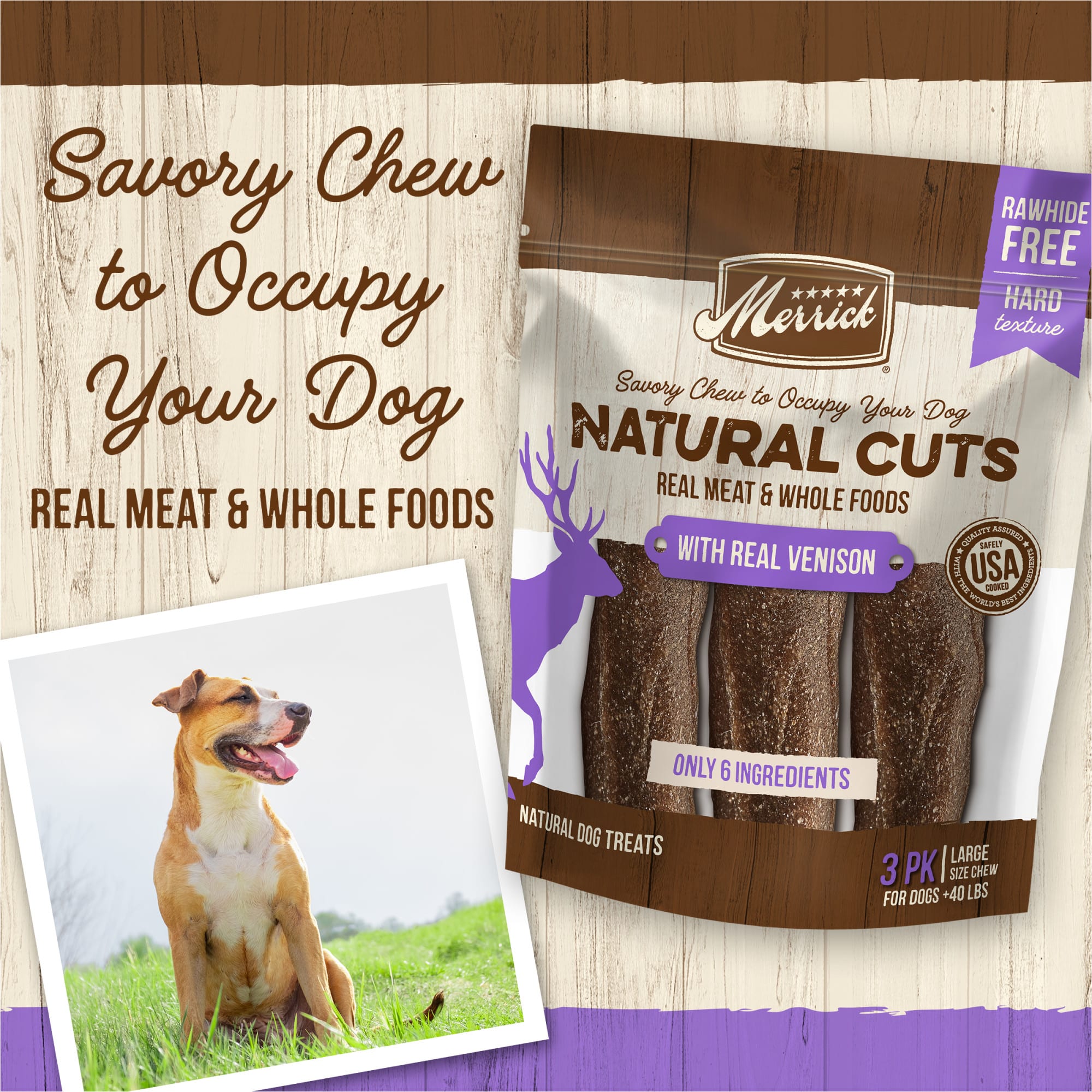 Merrick Natural Cuts Rawhide Free Large Chew with Real Venison for Dogs， 10.9 oz.， Count of 3