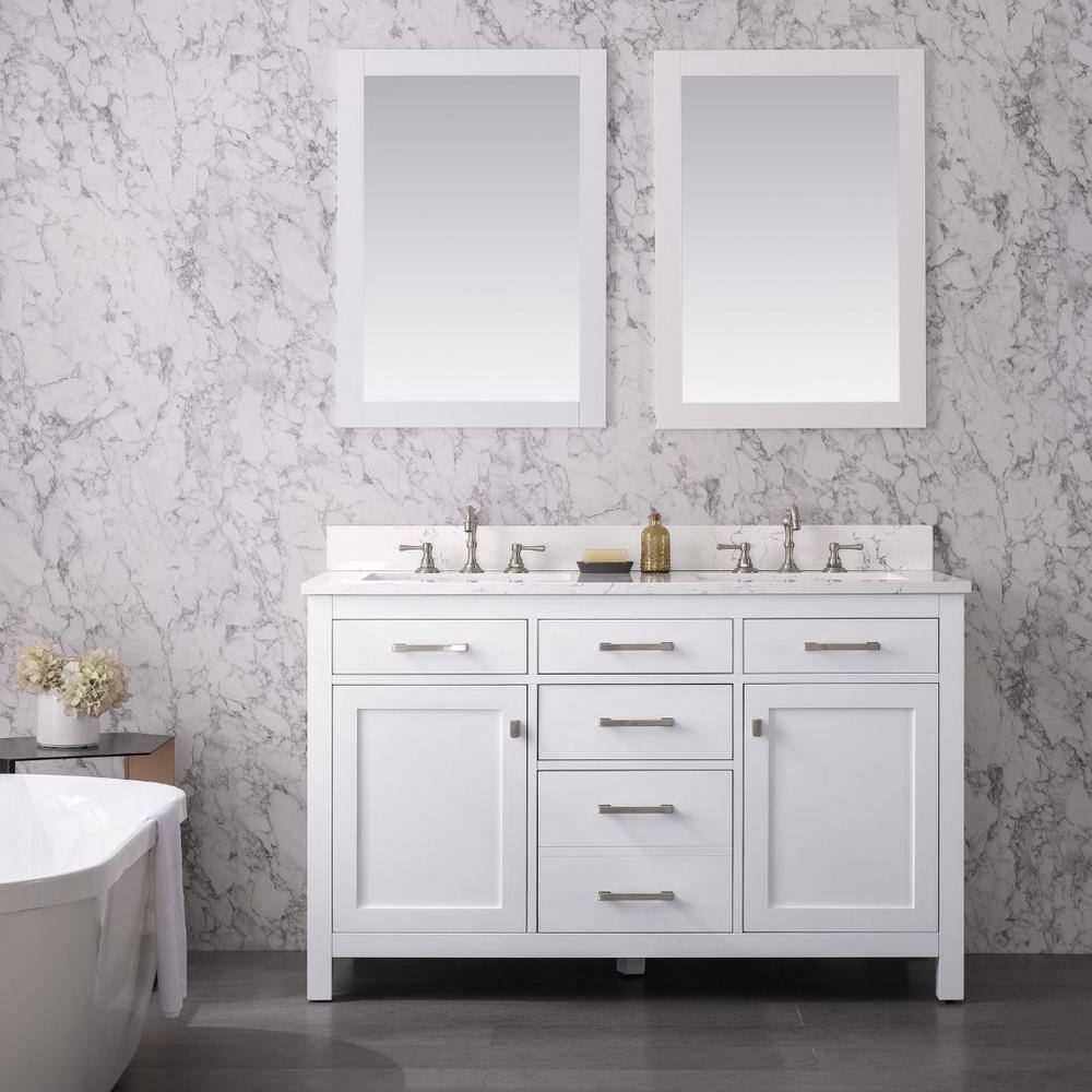 SUDIO Jasper 54 in. W x 22 in. D Bath Vanity in White with Engineered Stone Vanity Top in Carrara White with White Basins Jasper-54W-D