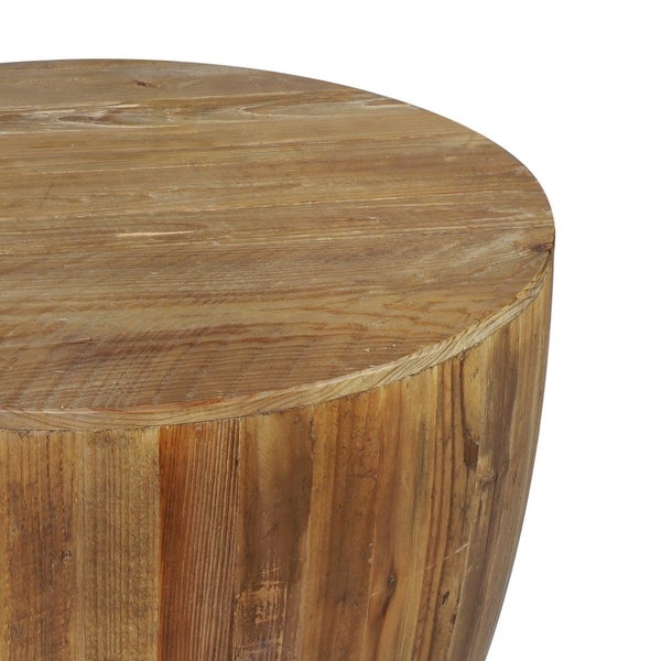 26 Inch Side End Table， Recycled Fir Wood， Round Drum Shape， Walnut Brown