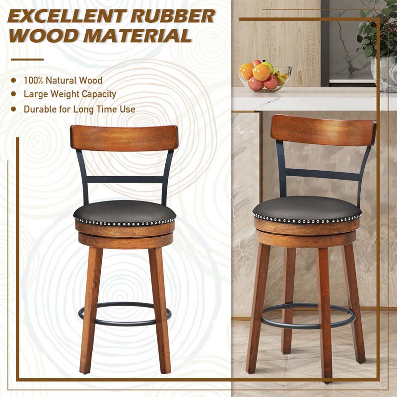 2-Pack 25.5 Wooden Swivel Bar Stools Counter Height Pub Kitchen Dining Chairs with Leather Padded Seat