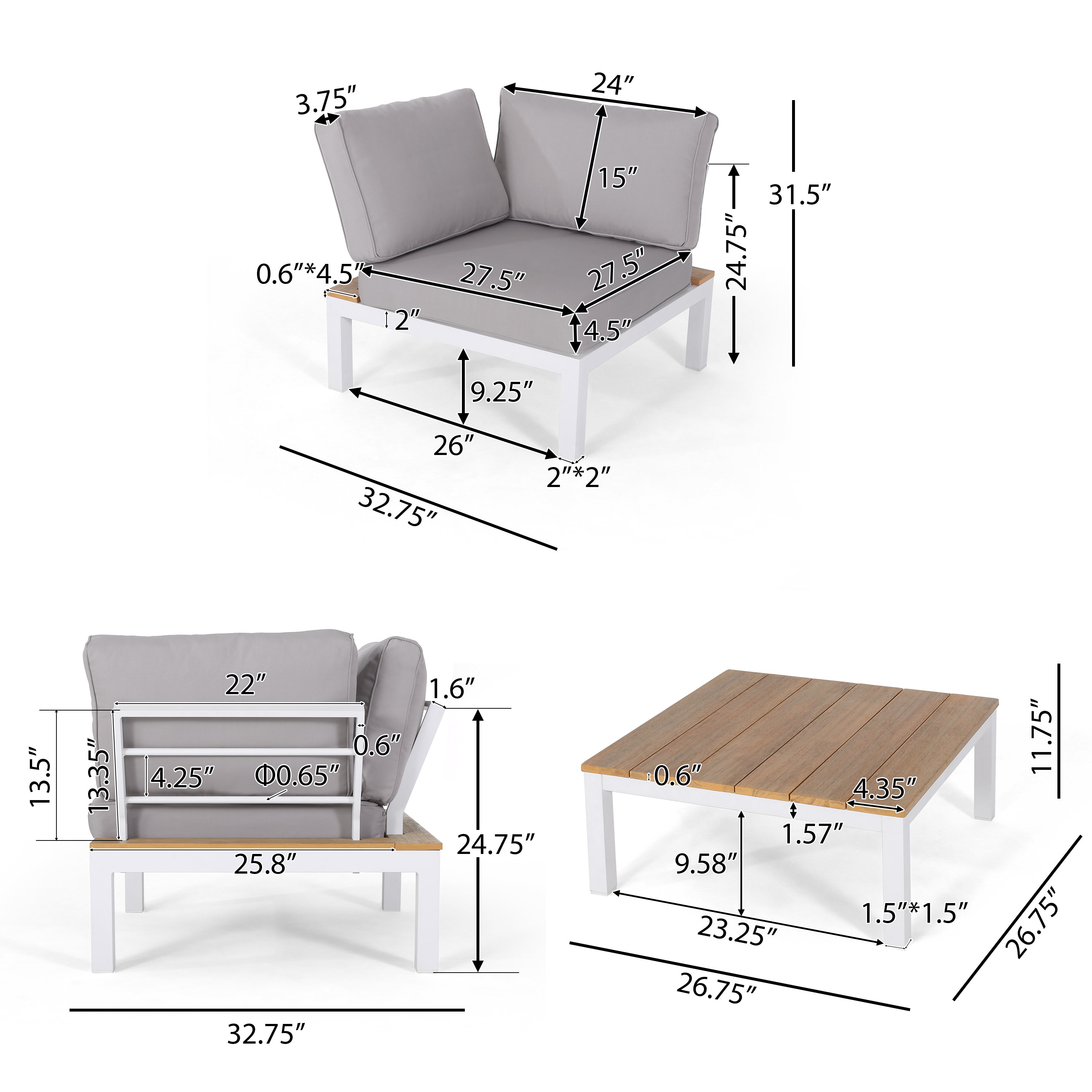 Blessen Outdoor Aluminum and Wood V-Shaped Sofa Set with Cushions