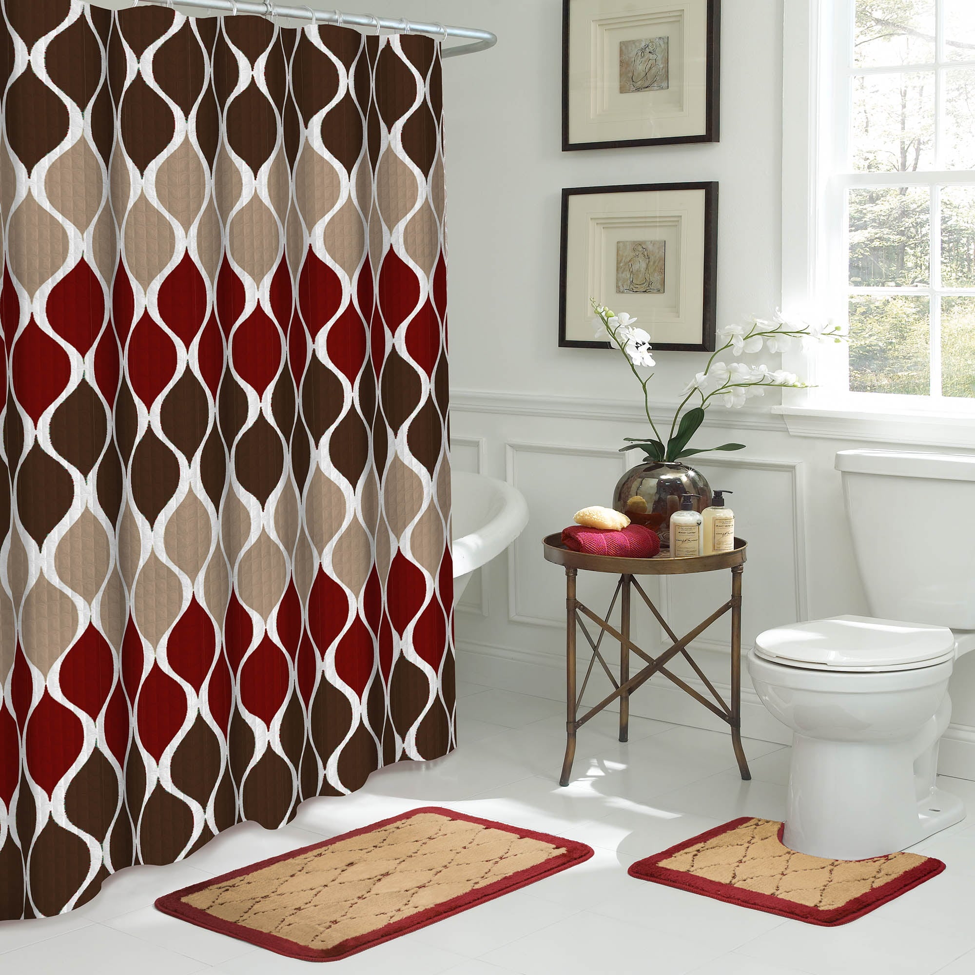 Espresso/Barn Red Geometric， Bathroom Set， 15 Piece， Clarisse