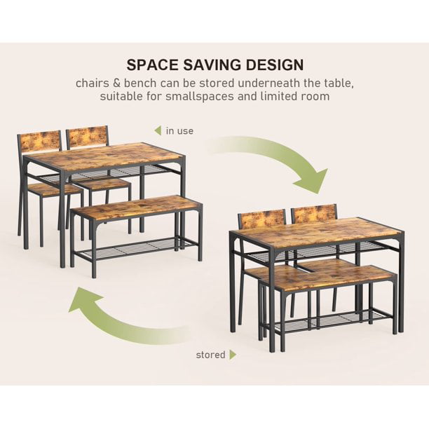 Aiho 4 Piece Dining Table with 2 Chairs and Bench for Kitchen, Small Space, Retro