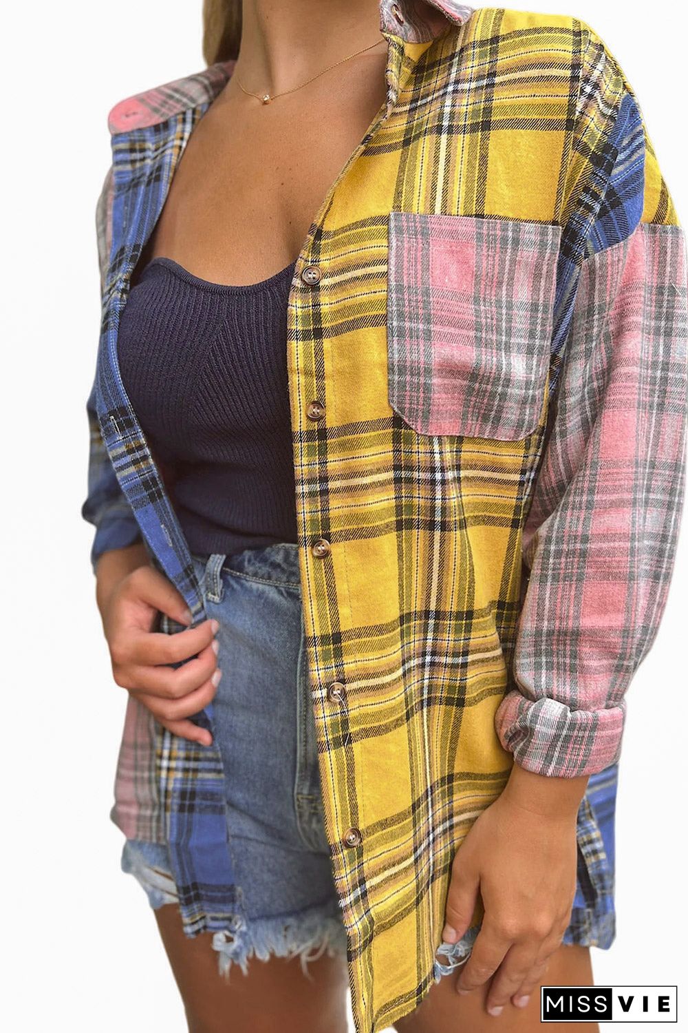 Multicolor Plaid Colorblock Patchwork Shirt