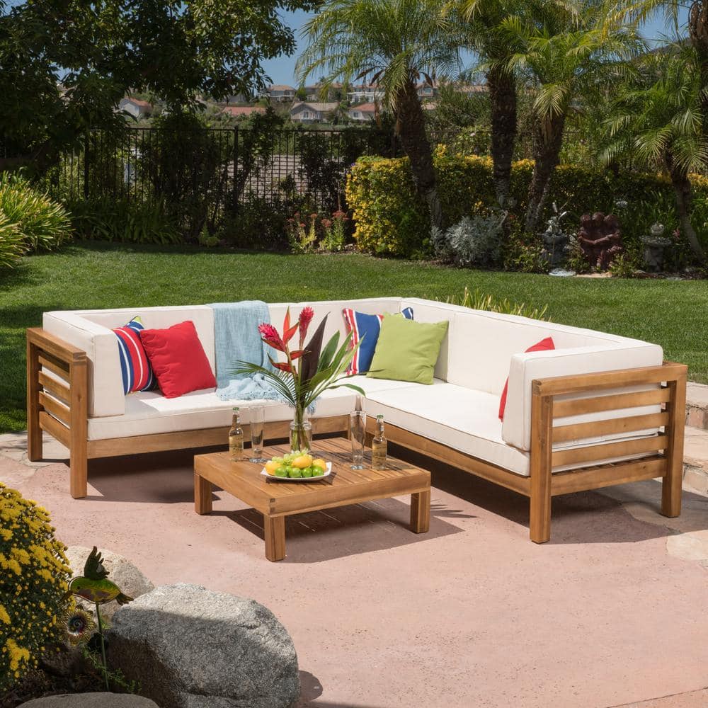 Noble House Oana Teak Brown Finish 4-Piece Wood Outdoor Sectional Set with Beige Cushions 55317