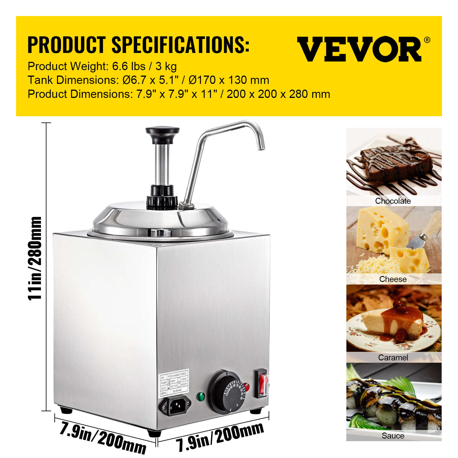 VEVORbrand Cheese Dispenser with Pump， 2.6Qt Capacity Hot Fudge Warmer with Pump， 650W Cheese Warmer， Stainless Steel Cheese Dispenser with Pump for Hot Fudge Cheese Caramel