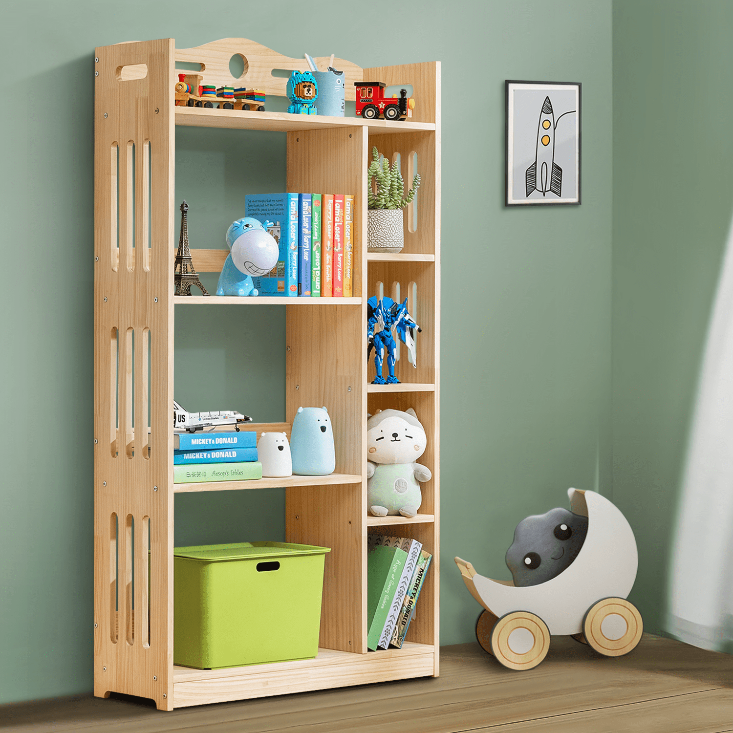 MoNiBloom Wood 5 Tiers Bookshelf, Books Toys Display Storage Bookcase, Natural, for Home