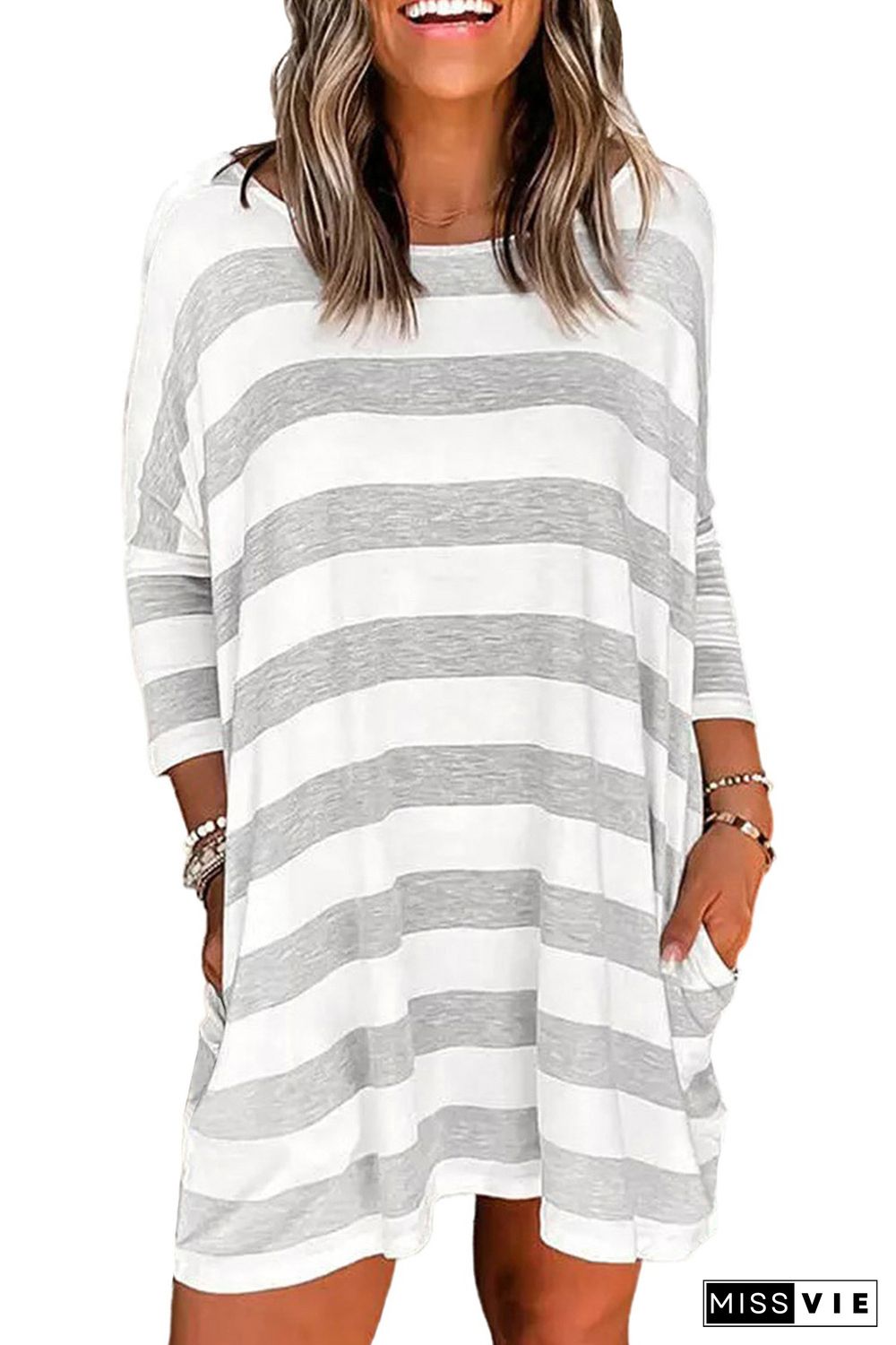 Stripe Loose Fit Pocketed Long Sleeve Mini Dress