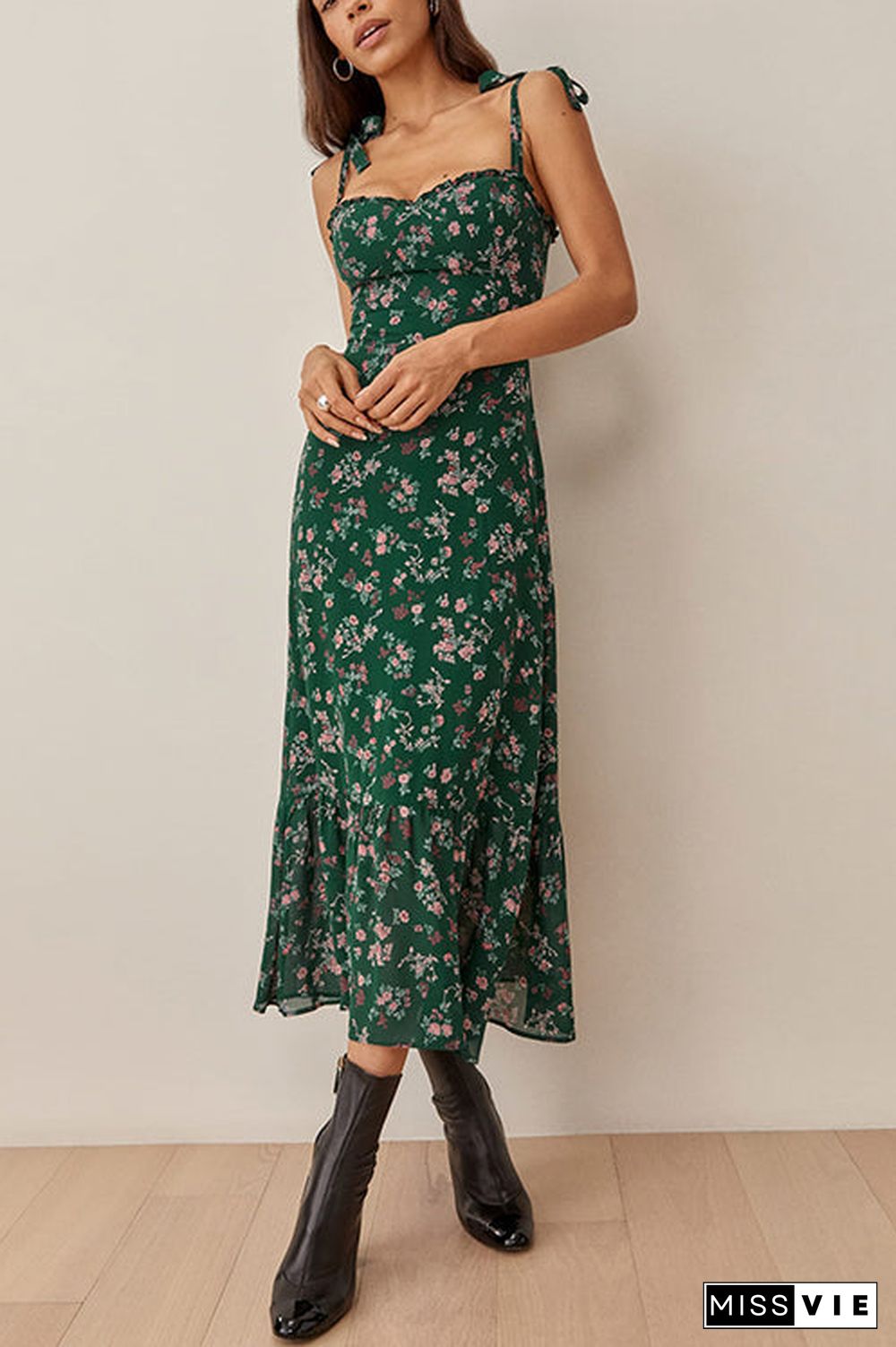 Print Tie Slip Slim Midi Dress