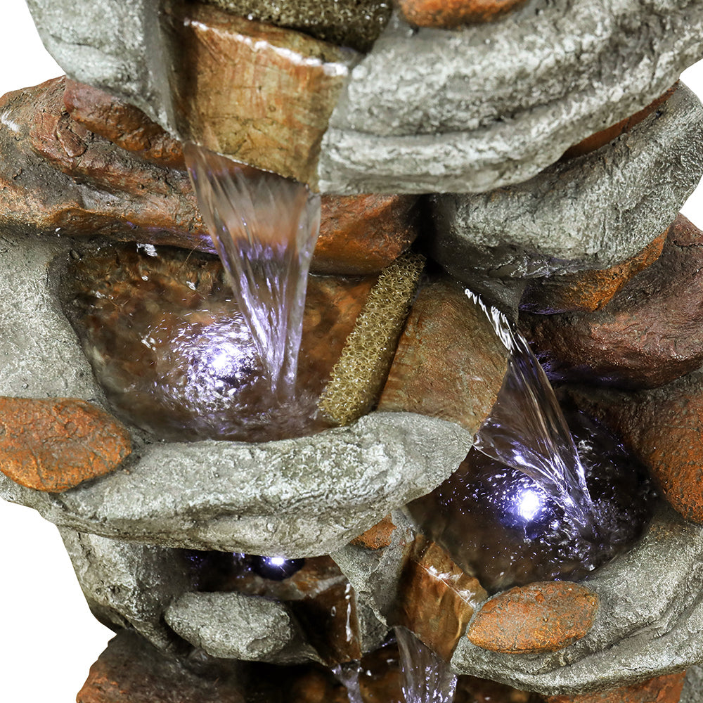 4-Tier Rock Water Fountain with LED Lights - Outdoor Water Fountains Cascading Floor Water Feature Art Decor for Garden， Pation， Deck， Porch