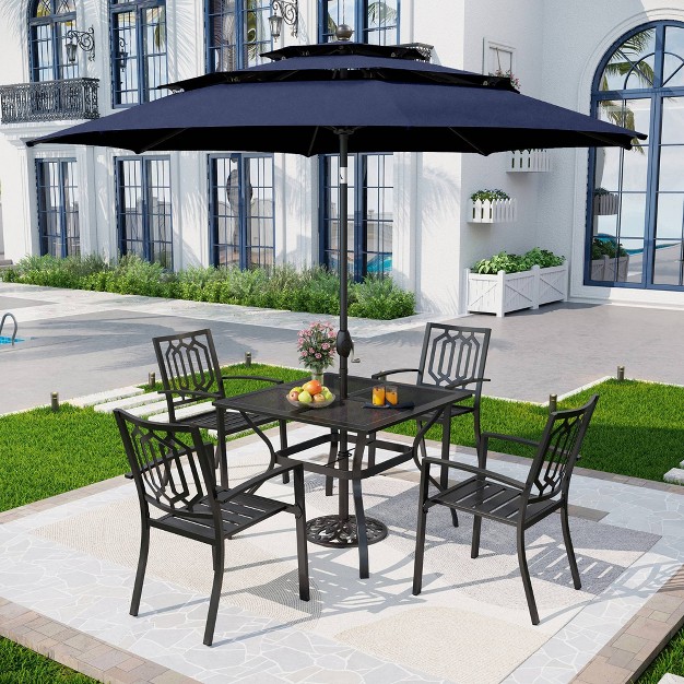 Captiva Designs 5pc Steel Outdoor Patio Dining Set With Patterned Arm Chairs amp Square Table With Umbrella Hole Black