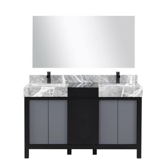 Lexora Zilara 55 in x 22 in D Black and Grey Double Bath Vanity Castle Grey Marble Top Matte Black Faucet Set 53 in Mirror LZ342255SLISM53FCM