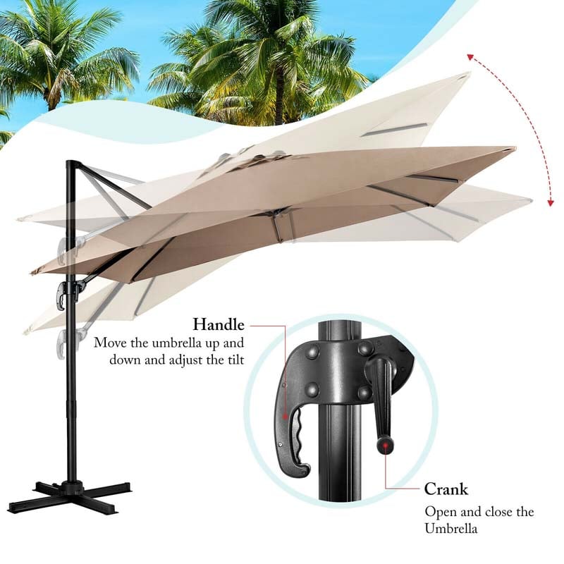 10 x 10 FT Square Patio Umbrella, 3-Tilt Cantilever Offset Umbrella, Large Outdoor Market Umbrella with Crossed Base