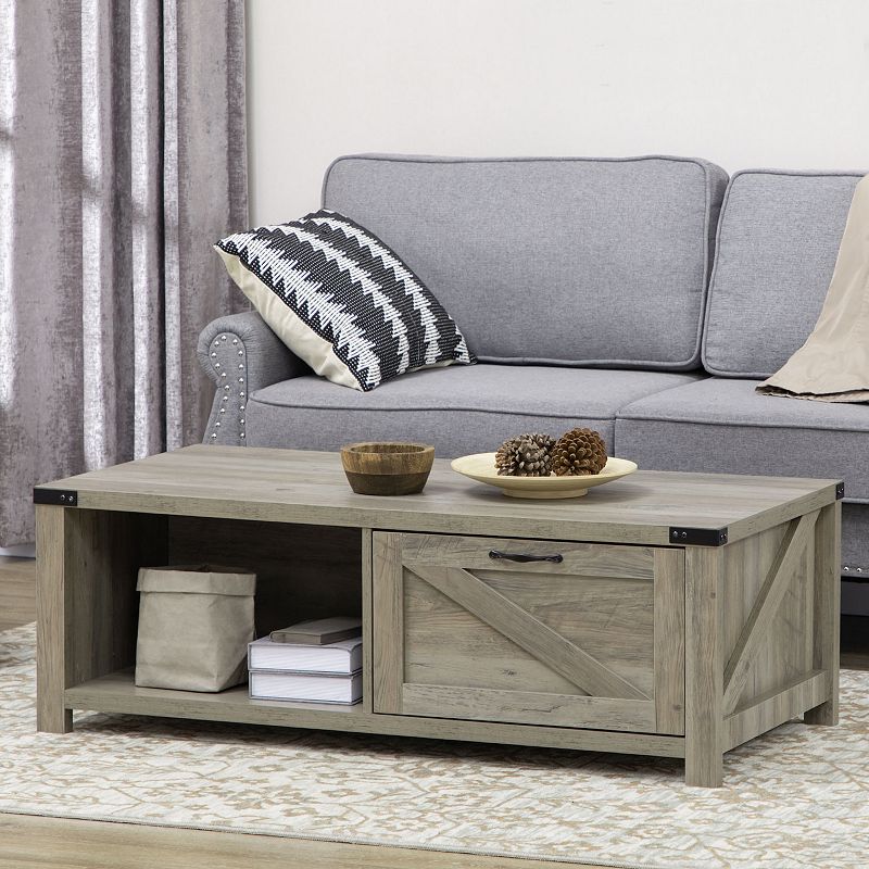 HOMCOM Farmhouse Coffee Table with Storage and Drawer， Rustic Coffee Table for Living Room， Open Shelf， Grey Oak