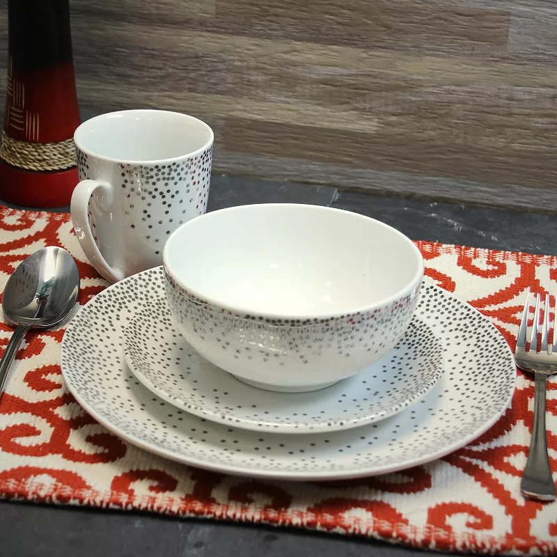 Gibson Platinum Dots 16 Piece Round Ceramic Dinnerware Set