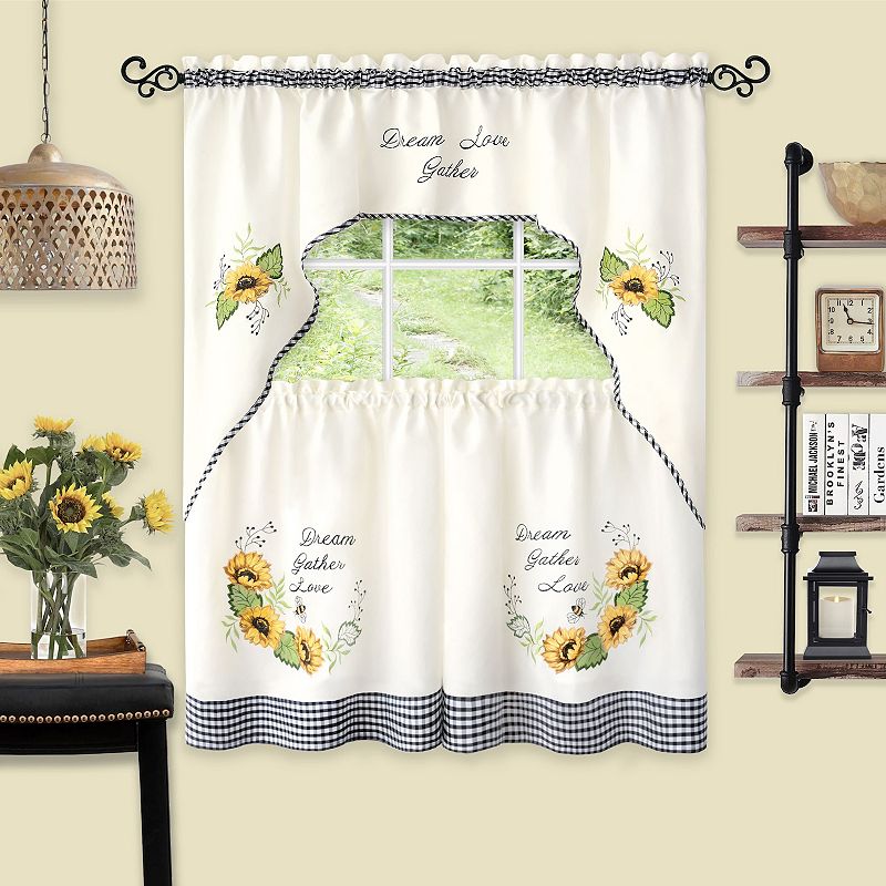 Achim 3-piece Dream， Gather， Love Sunflower Picnic Embellished Tier and Swag Window Curtain Set