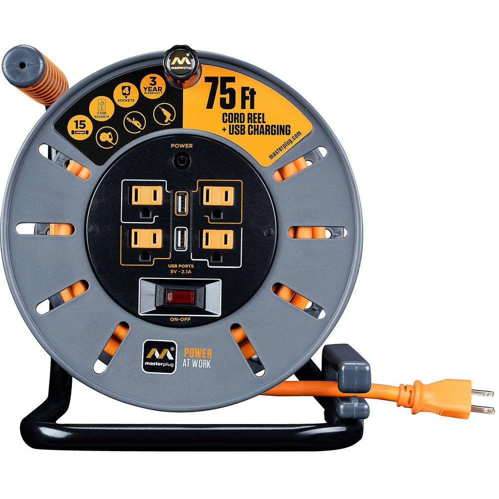 Masterplug 75 ft 15 Amp 12 AWG Large Open Reel with USB Charging and 4-Sockets OLP751512G4SLU