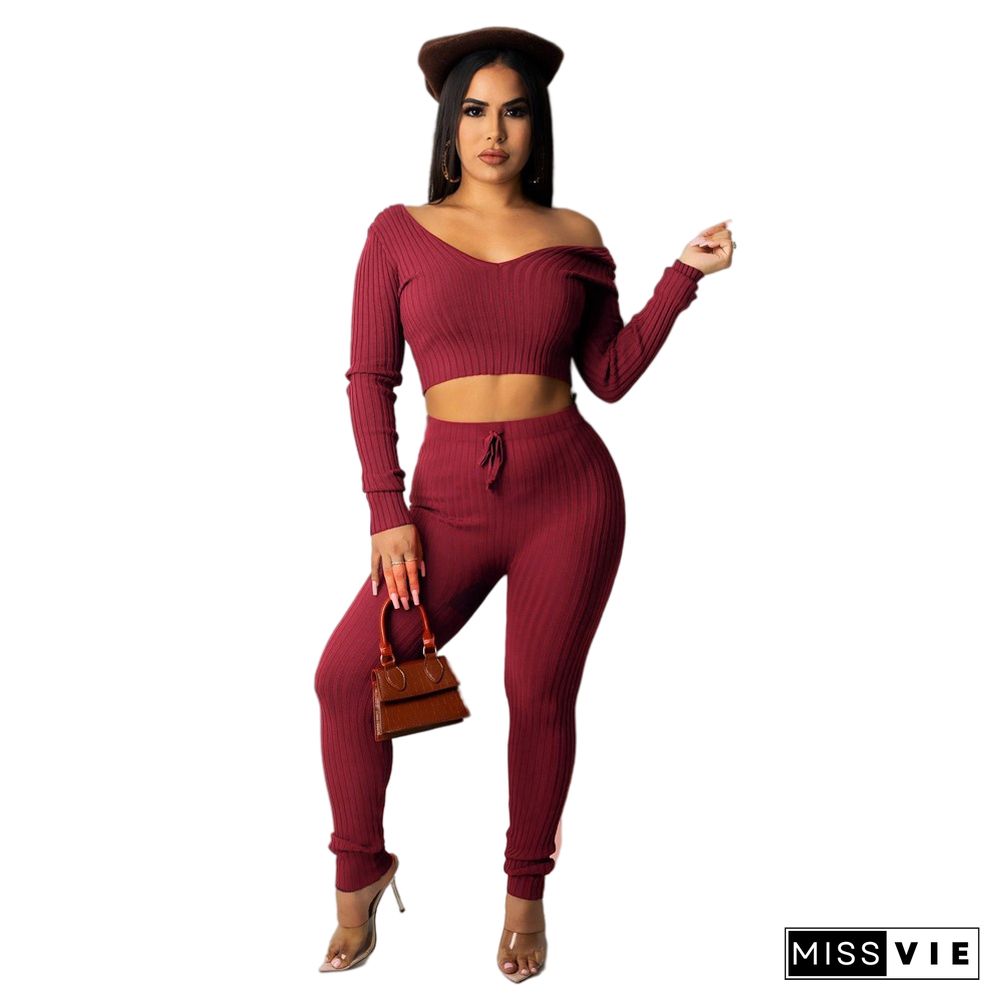 Solid V Neck Crop Top Lace Up Pants Set