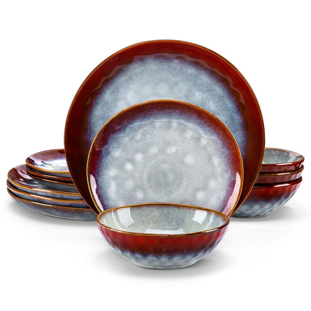 vancasso Ceramic Red 12-Piece Dinnerware Set with 4 x Dinner Plate 4 x Dessert Plate and 4 x Bowl 550 ml (Service for 4) VC-STARRY-R-12