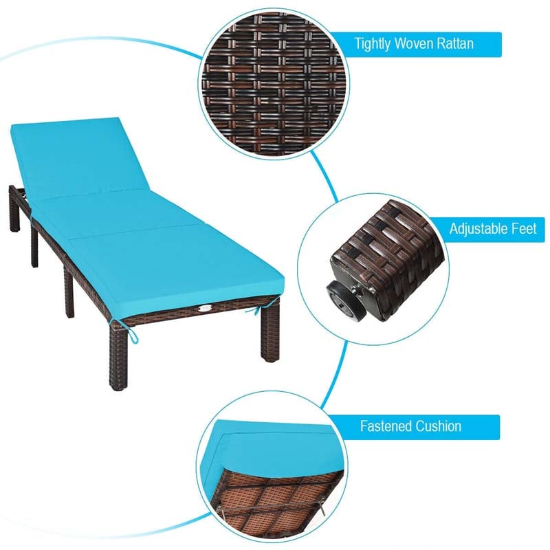 Cushioned Rattan Wicker Chaise Lounge Chair, Outdoor Patio Lounger Recliner Chair with Adjustable Backrest