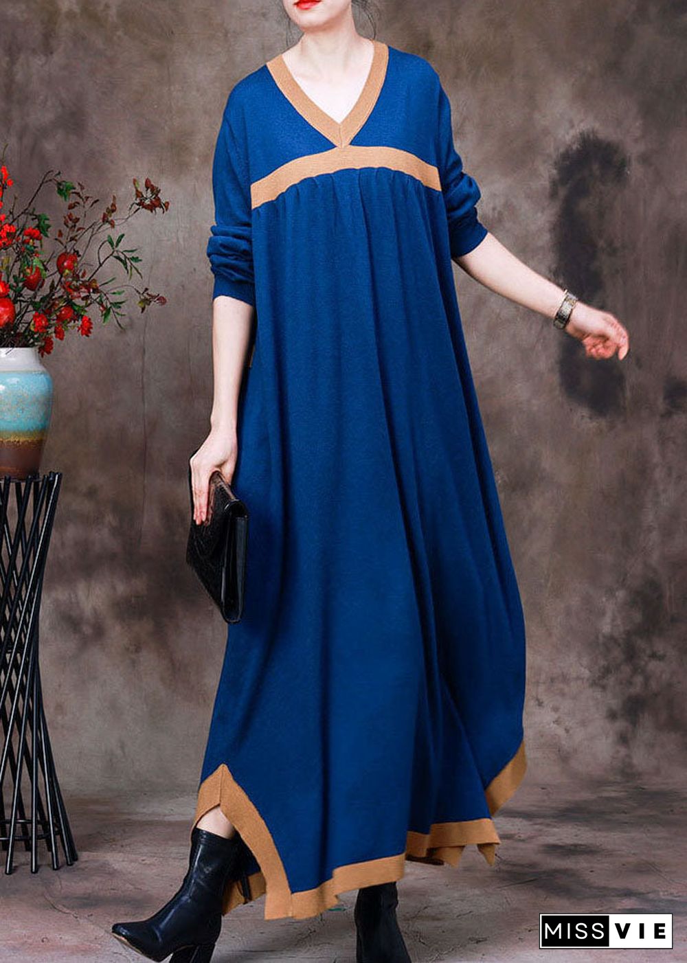 Blue Patchwork Knit Vacation Dresses Asymmetrical Long Sleeve