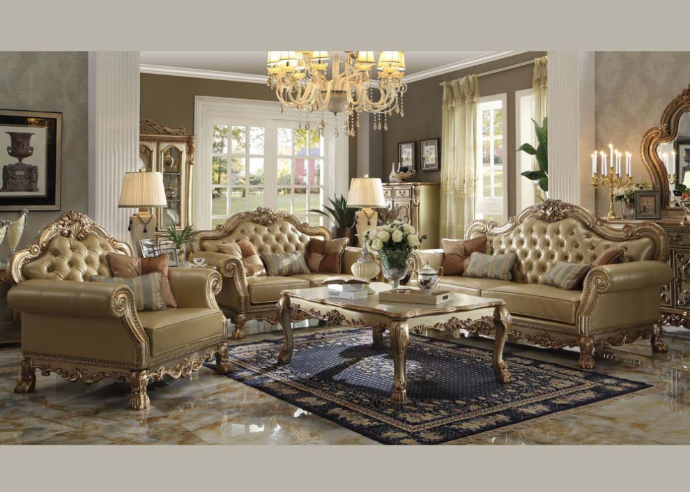 Acme Dresden Loveseat With 3 Pillows  Gold Patina   Victorian   Loveseats   by Emma Mason  Houzz