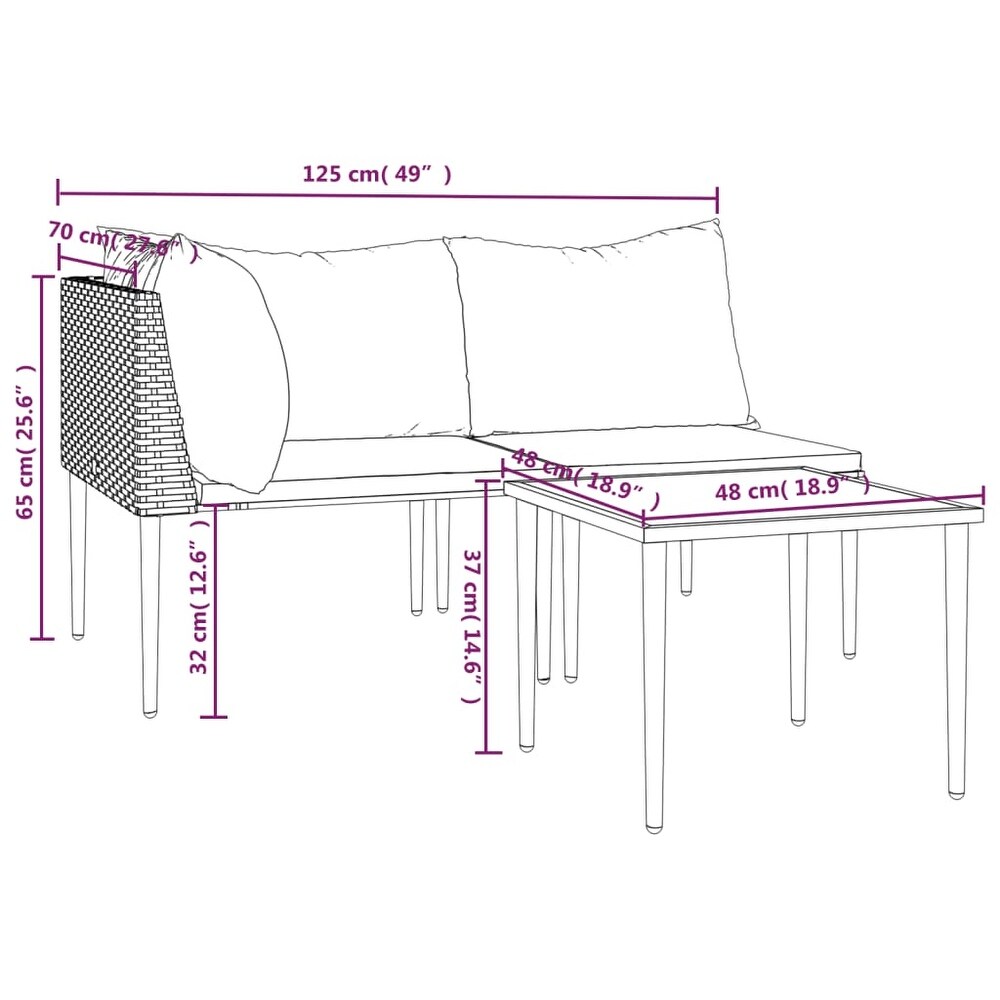 vidaXL 3 Piece Patio Lounge Set with Cushions Gray Poly Rattan   18.9\