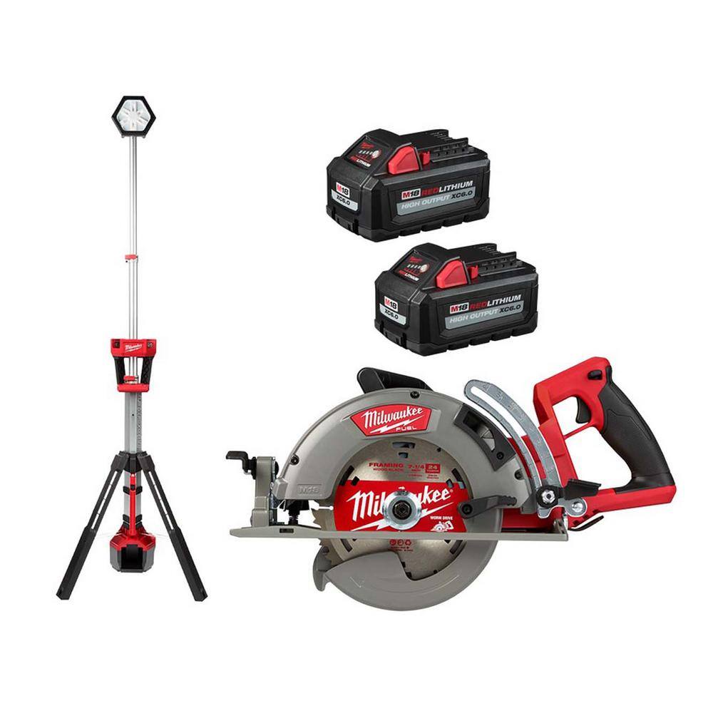 MW M18 FUEL 18-Volt Lithium-Ion Cordless 7-14 in. Rear Handle Circ Saw wRocket Power Tower Light Two 6 Ah HO Batteries 2830-20-2131-20-48-11-1862