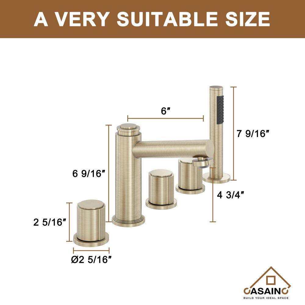 CASAINC 3-Handle Deck-Mount Roman Tub Faucet with Hand Shower and Pop-Up Drain in Spot Resist Brushed Champagne Gold CA-B3617-CG