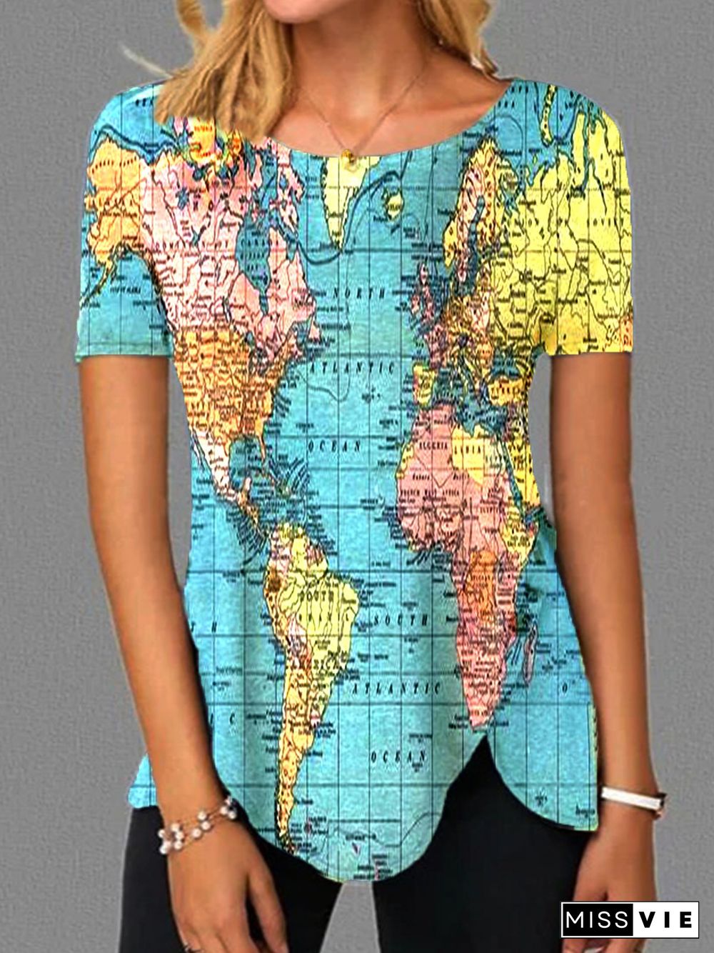 Vintage Short Sleeve Map Printed Crew Neck Plus Size Casual Tops