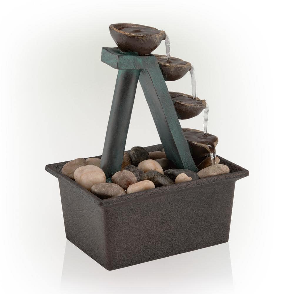 Alpine Corporation 8 in. Tall Indoor/Outdoor 4-Tier Step Tabletop Fountain with Rustic Bowls WCT324