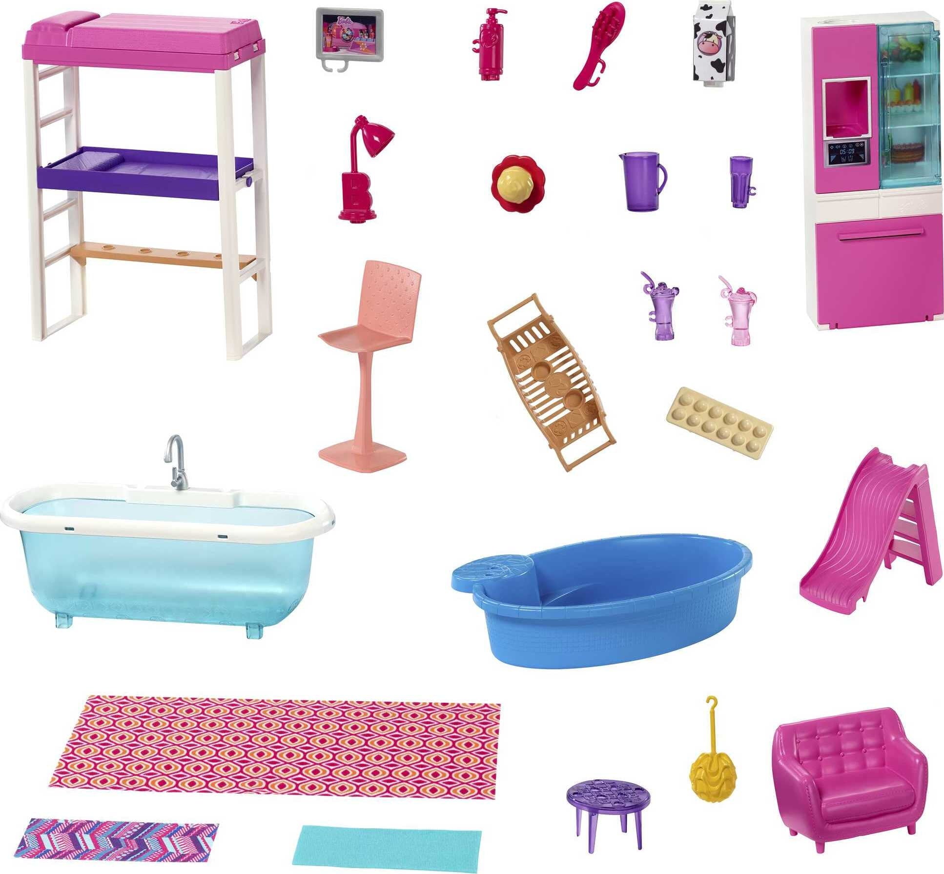 Barbie Dollhouse Set with 3 Dolls and Furniture， Pool and Accessories
