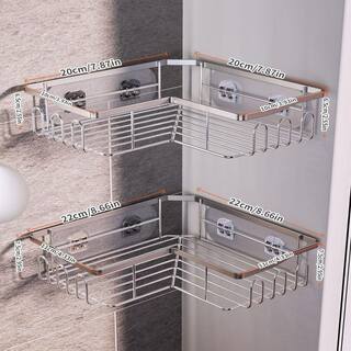 Dracelo 2-Pack Silver Adhesive Stainless Steel Corner Shower Caddy Organizer Shelf with 12 hooks B0B3CYD1K6