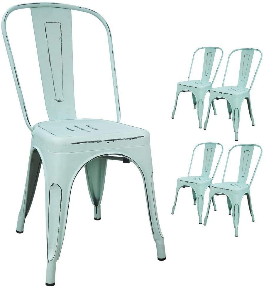 VINEEGO Metal Dining Chair Indoor-Outdoor Use Stackable Classic Trattoria Chair Fashion Dining Metal Side Chairs for Bistro Cafe Restaurant Set of 4 (Distressed Blue)