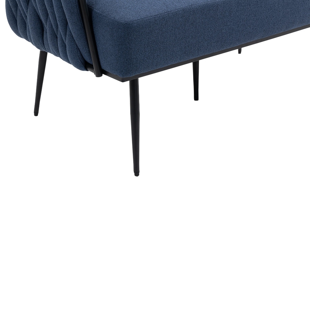 Modern Hand Woven Upholstered Sofa Chair  Navy Linen Accent Chair  Living Room Lounge Armrest Sofa with Metal Frame