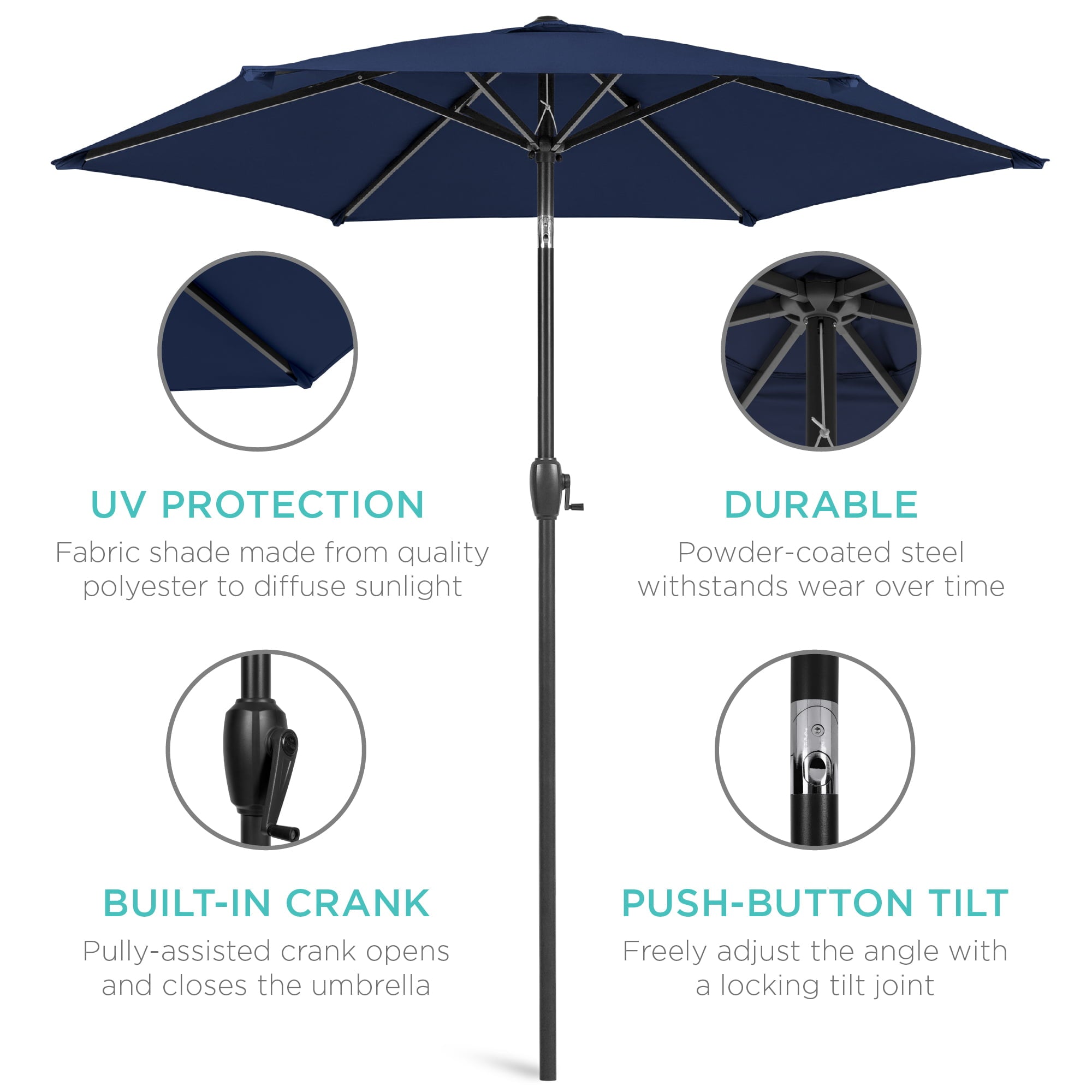 Best Choice Products 7.5ft Heavy-Duty Outdoor Market Patio Umbrella w/ Push Button Tilt, Easy Crank Lift, Navy Blue