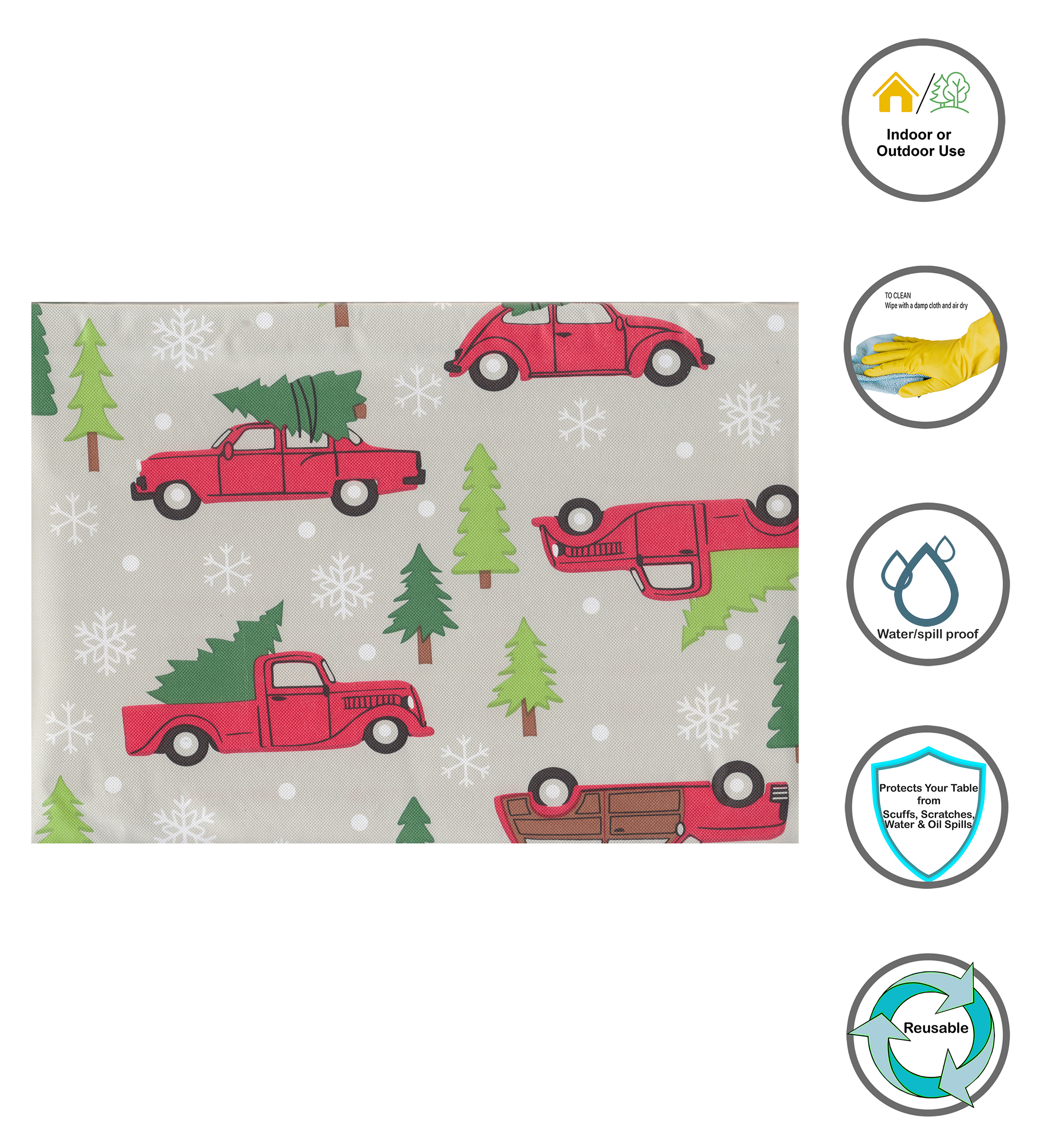 St. Nicholas Square Christmas Kitchen Tablecloth，  Flannel Backing， Cars and Red Truck Theme， 52 x 70 inches