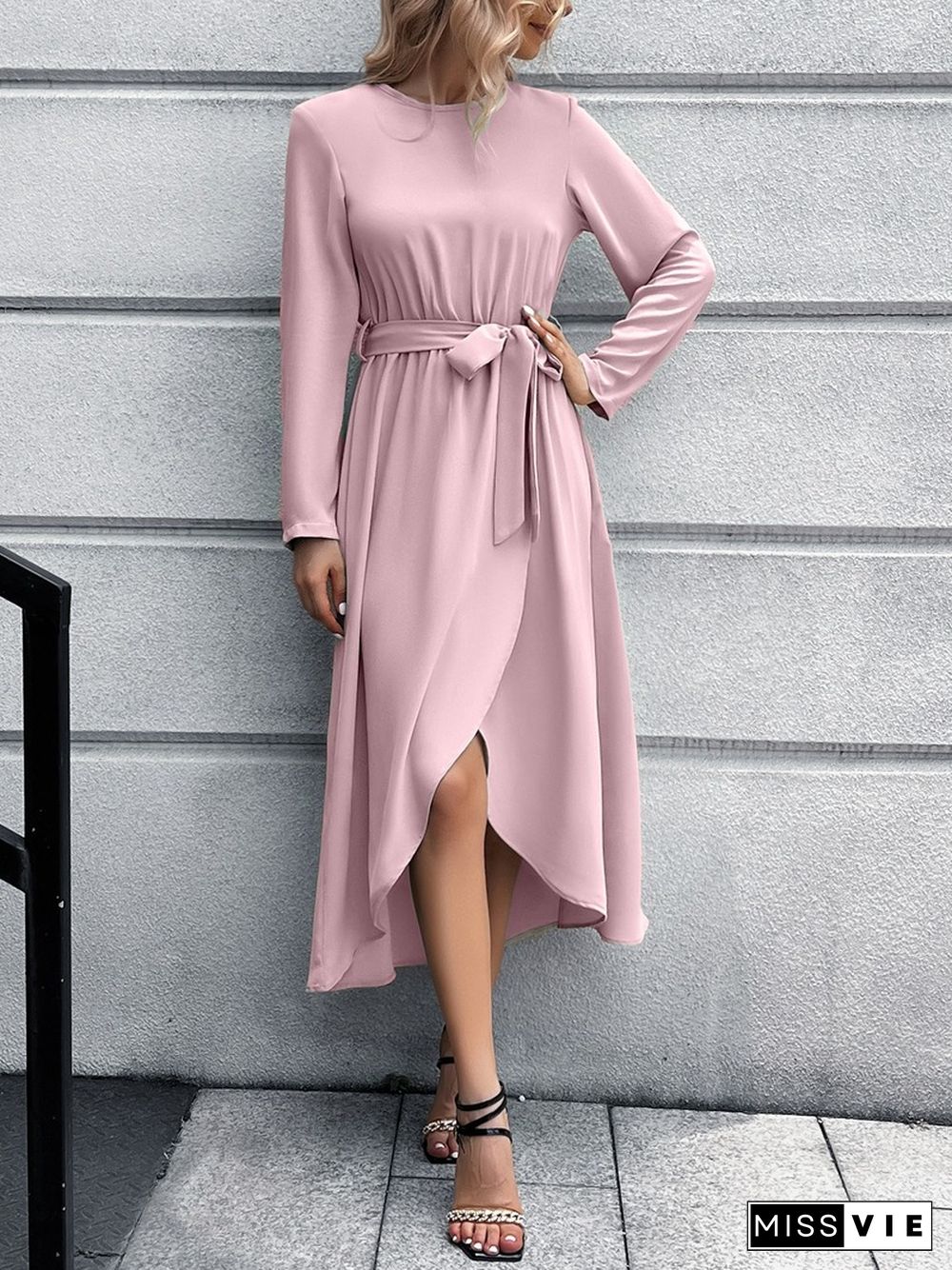 Elegant Fashion Hem Split Dress For Women Spring Dresses Solid Color Lace Up Skinny Long Sleeve A-line Midi Dress