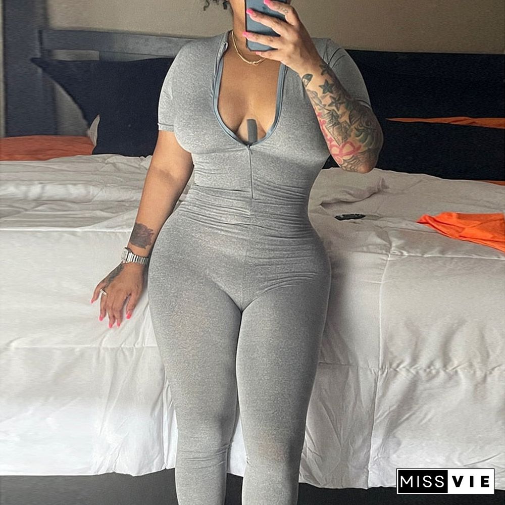 Women Fashion Summer Short Sleeve Bodycon Solid Color Jumpsuit Overall Female Clothing Streetwear