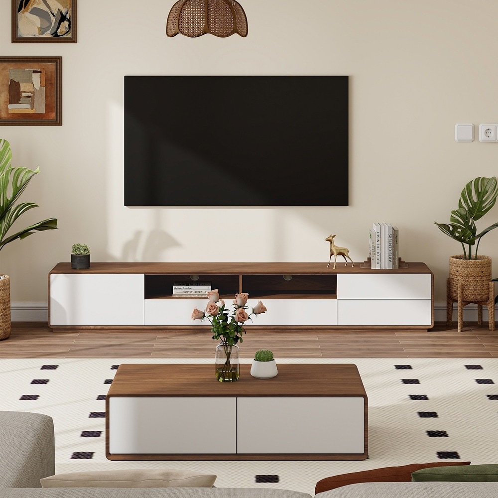 Modern Wood TV Stand  Lowline Media Console with 4 Drawers  Open Storage Cabinet  Walnut Veneer  Fully assembled