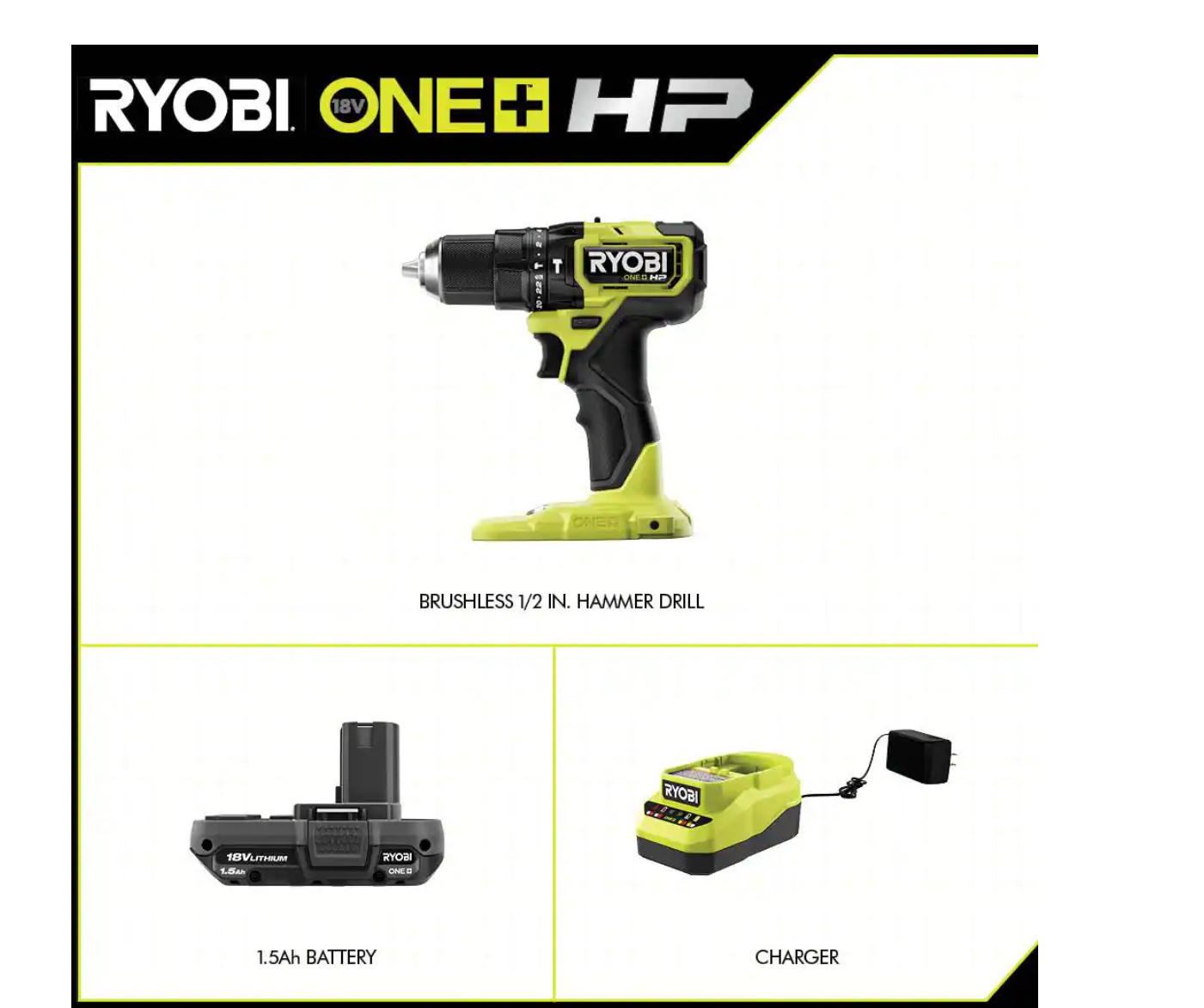 RYOBI PSBHM01K ONE+ HP 18V Brushless Cordless Compact 1/2 in. Hammer Drill Kit with (1) 1.5 Ah Battery and Charger