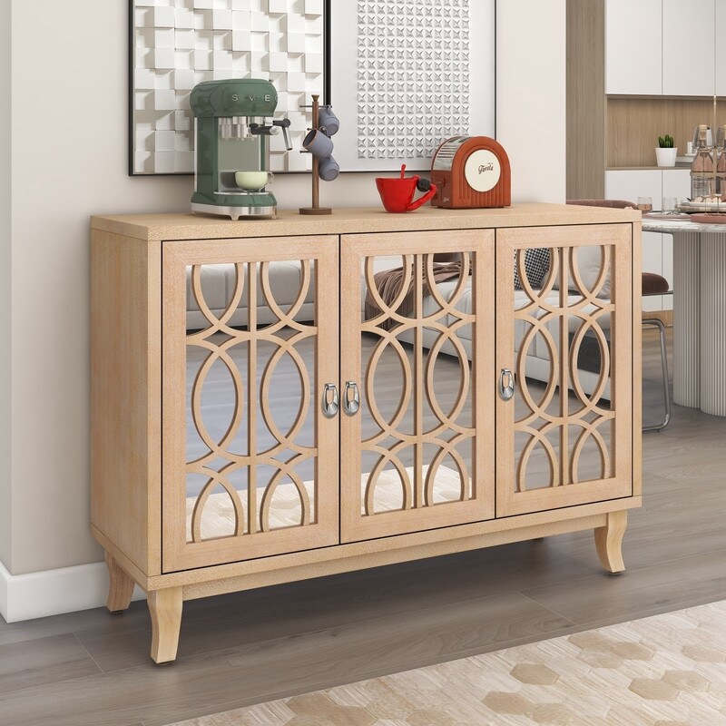 Sideboard with Glass Doors  3 Door Mirrored Buffet Cabinet with Silver Handle  Natural