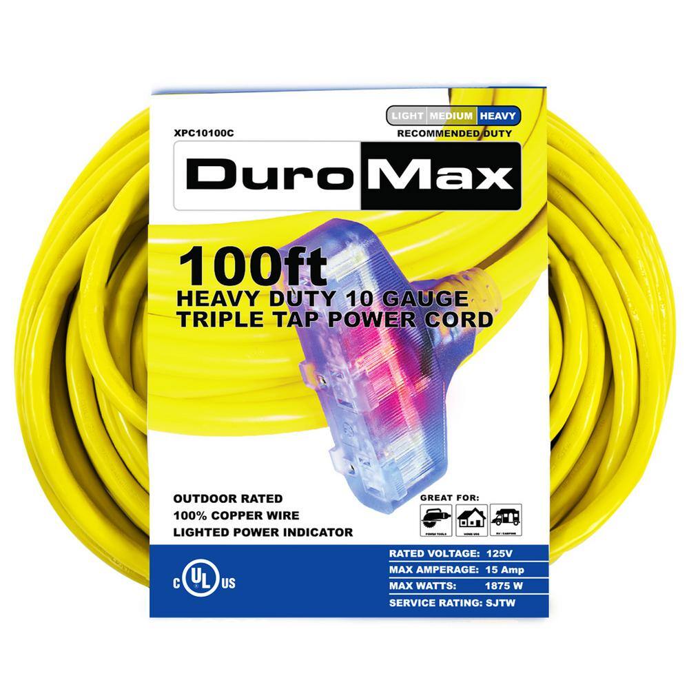 DUROMAX 100 ft. 10 Gauge Portable Generator Triple Tap Extension Power Cord XPC10100C