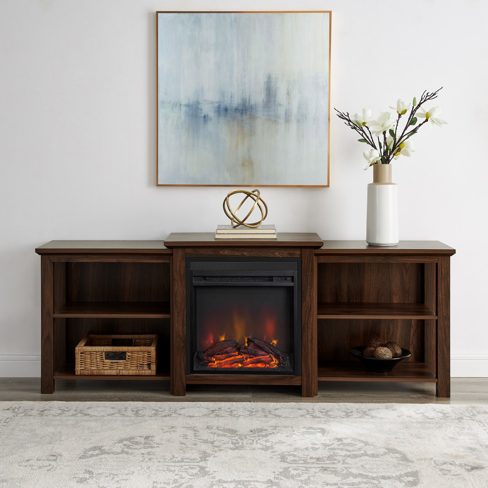 70 quotTiered Top Open Shelf Fireplace TV Console  Dark Walnut   Transitional   Entertainment Centers And Tv Stands   by Walker Edison  Houzz