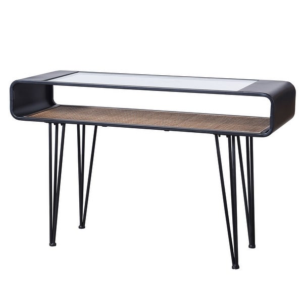 Aaron - Table - Graphite Metal， Clear Glass Top， Rattan Lower Shelf