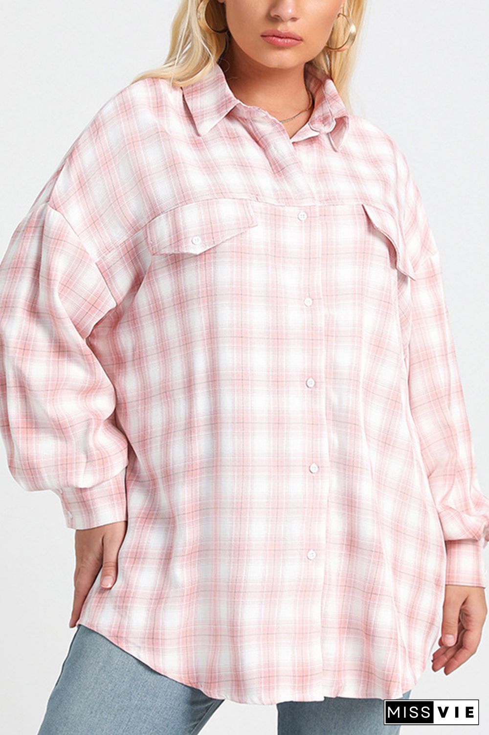 Plus Size Pink Plaid Shacket Loose Blouse Shirts Wholesale